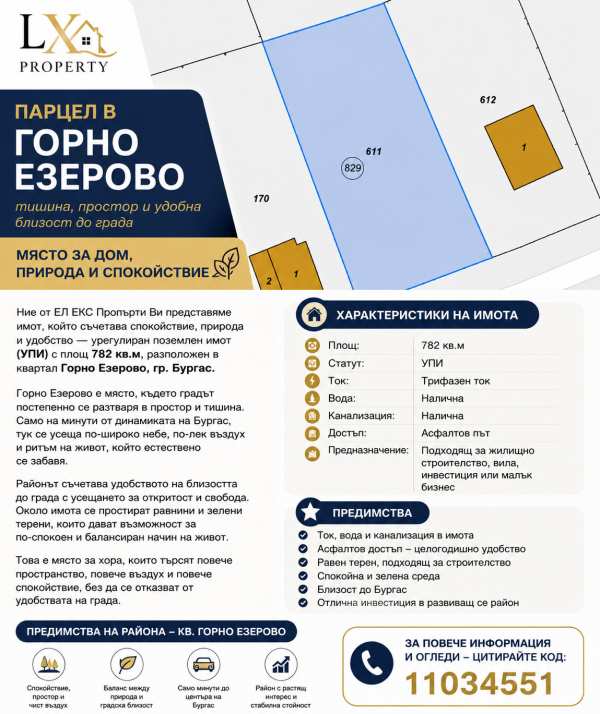 Продава парцел, гр. бургас, горно езерово