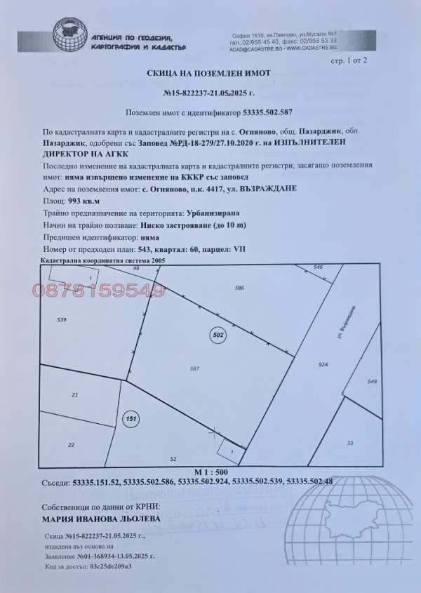 Продава парцел, с. огняново, област пазарджик